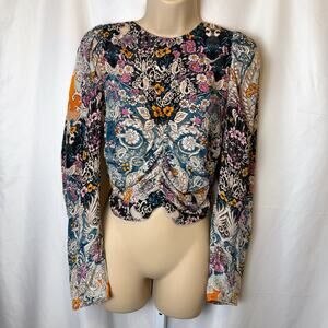 Maria Cher 100% Silk Baroque Floral Long Sleeve Crop Blouse S Boho Luxury Artsy